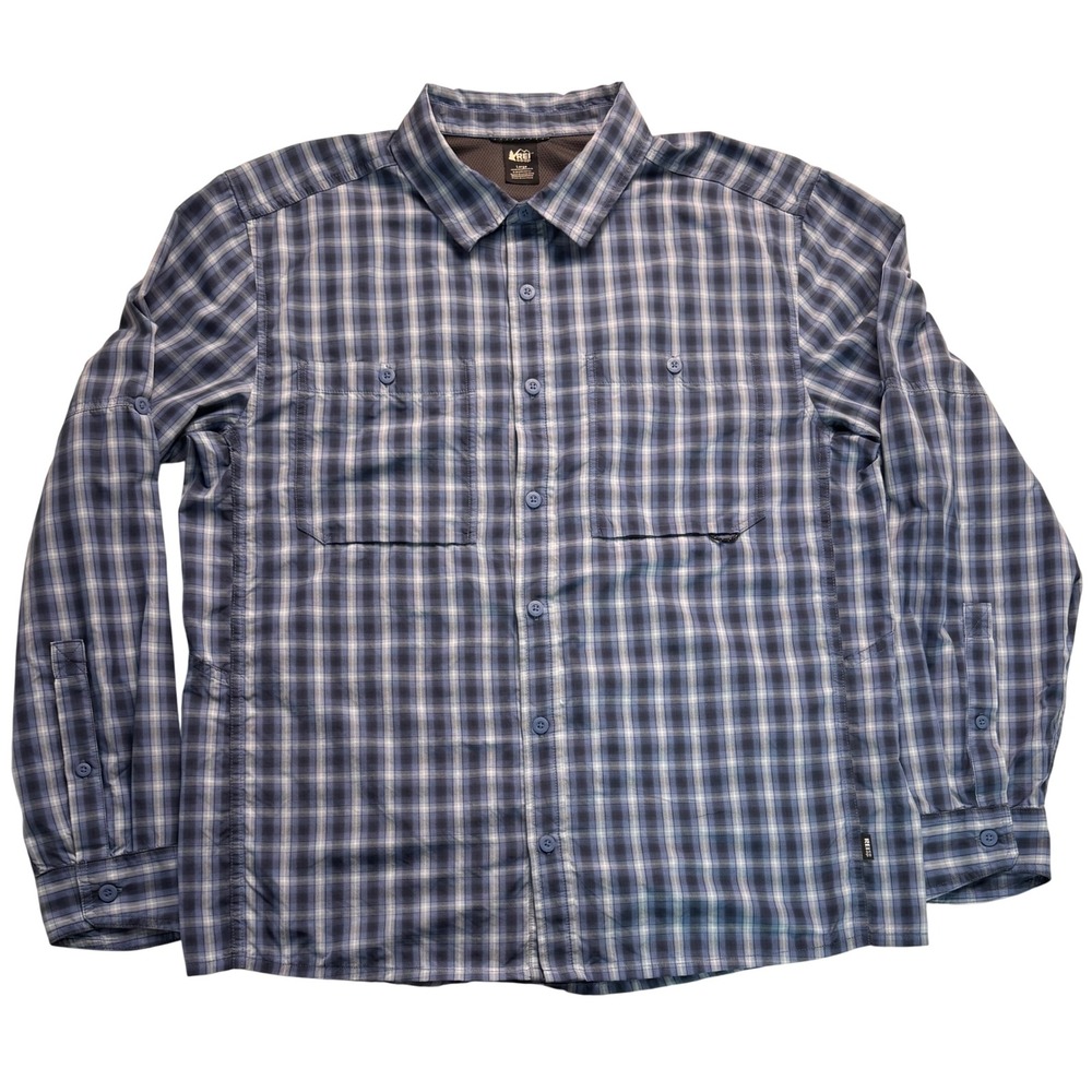 REI Co-op Sahara Mens Blue Plaid Long Sleeve Ventilated Hiking Shirt Large